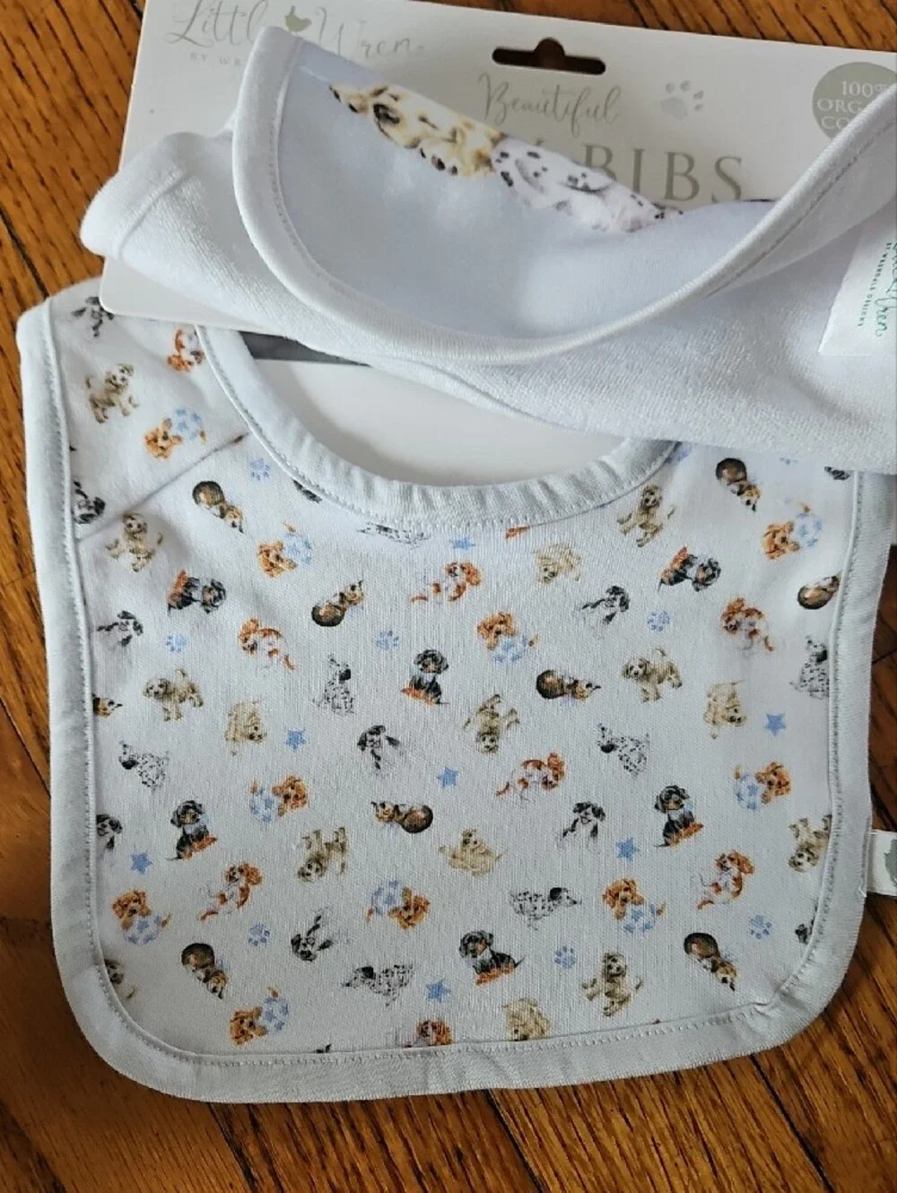 Organic Cotton Baby Bibs - Light Blue with Puppy Design